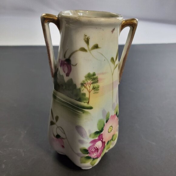 Vintage Nippon Vase Porcelain Painted Floral Design with Handles 5'' Tall - Picture 7 of 9